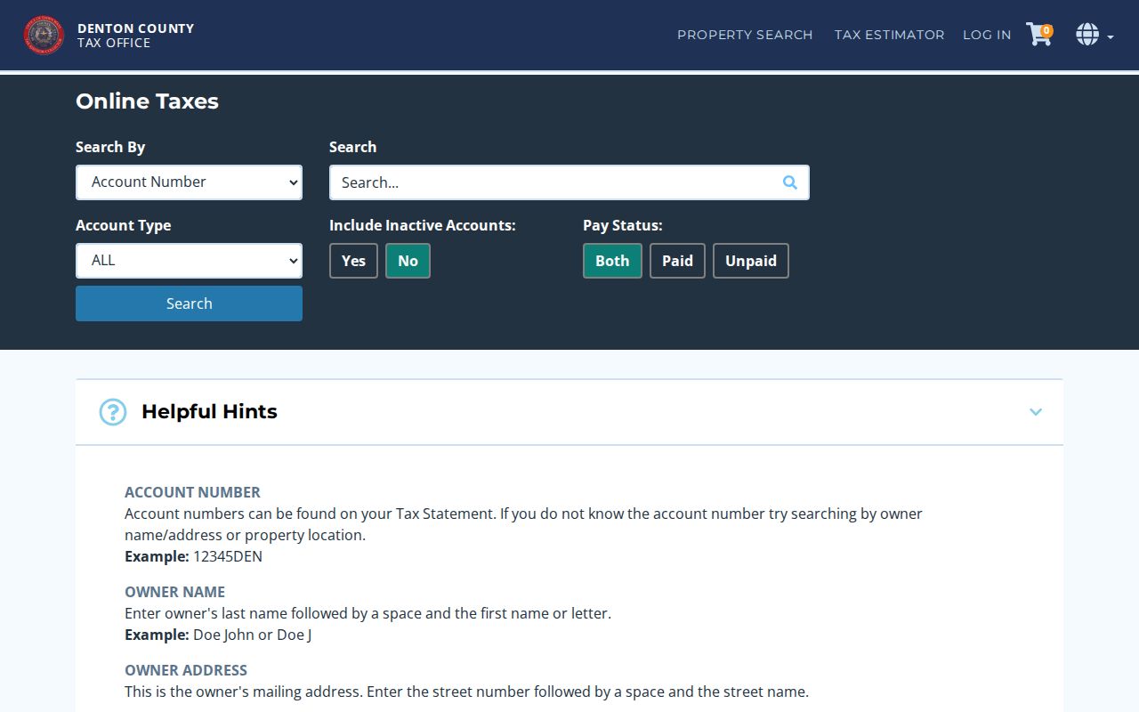 Denton County residents directory TaxWeb property search controls